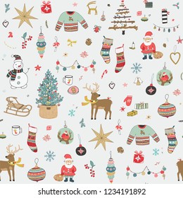 Christmas background, seamless wrapping paper pattern with snowman, fir-tree, toys, deer, gifts.