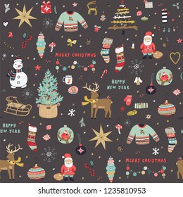 Christmas background, seamless wrapping paper pattern with snowman, fir-tree, toys, deer, gifts.