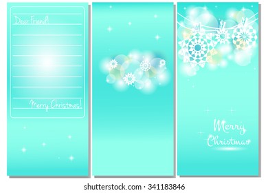 Christmas background. set of flyer pages.traditional gritting card or invitation, label, banner, design. Decorative retro beautiful background with gentle paper snowflakes and lights. Vector