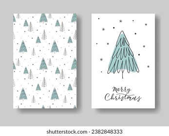Antecedentes de Navidad. Patrón de abeto de pino de doodle dibujado a mano. Plantilla de publicidad de carteles de carteles de tarjetas de felicitación para fiestas navideñas. Elemento de diseño de la celebración navideña