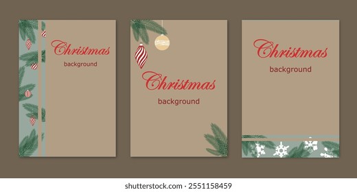 Christmas background, set of templates design for banner, flyer, card with snowflakes, fir branches, christmas balls. bright modern vector illustration for invitation, poster, greeting en beige