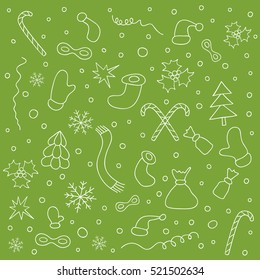 Christmas background with set of Christmas things. Hand drawn holiday New Year pattern. Design element for cover, print, web, wrapping. Vector illustration
