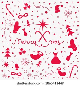 Christmas background with set of Christmas things and lettering Merry Xmas. Hand drawn holiday New Year pattern. Design element template for cards, covers, prints, web, wrapping. Vector illustration