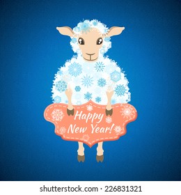 Christmas background with sheep, which is holding a plate with the words Happy New Year