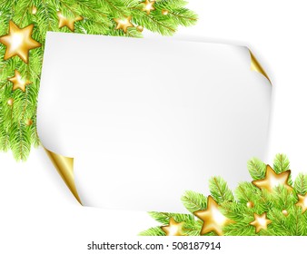 Christmas background with sheet of paper, gold, stars and fir-tree  isolated on white background. Vector illustration.