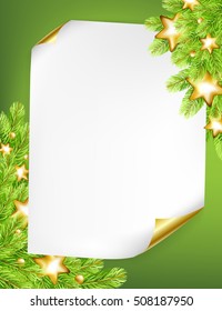 Christmas background with sheet of paper, gold, stars and fir-tree. Vector illustration.