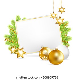 Christmas background with sheet of paper, gold balls, stars and fir-tree isolated on white background. Vector illustration.