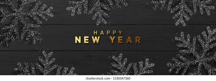 Christmas background with Shining black Snowflakes. Texture of flat boards and wood. Happy new year lettering, horizontal banner, poster, website header, greeting card. vector illustration.