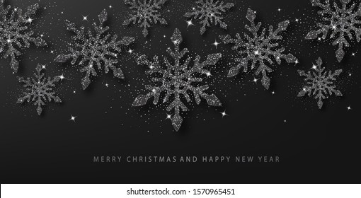 Christmas Background with Shining Black Snowflakes. Template christmas greeting card. Xmas Holiday and Happy New Year.