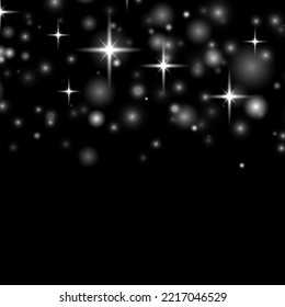 Christmas background of shining blurred dust. Flare light sparkle, white effect glow. Cloud of random blurry spots. Defocused white star dust trail. Glowing lights bokeh confetti and spark. Vector.