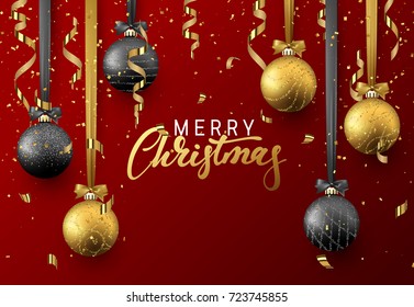 Christmas background with shining gold and black ball, serpentine and confetti. Lettering Merry Christmas card vector Illustration.