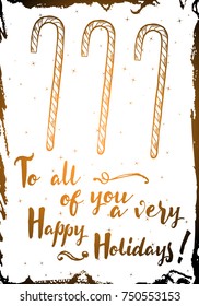 Christmas background with shining gold coloring. Lettering Merry Christmas card Illustration. Hand drawn golden flyer. Vector.