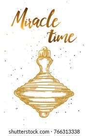 Christmas background with shining gold coloring. Lettering Merry Christmas card Illustration. Hand drawn golden flyer. Vector.