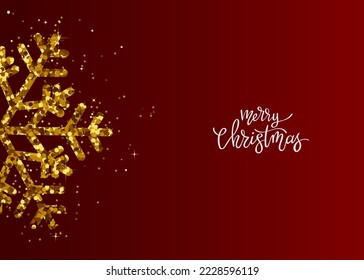 Christmas background with shining gold glitter snowflake. Merry Christmas card illustration on red background. Sparkling golding snowflake with glitter texture and hand drawn lettering