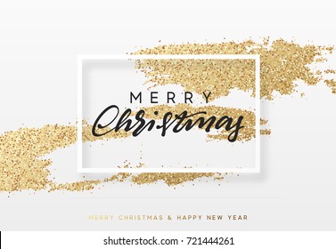 Christmas background with shining gold paint brush. Xmas greeting card,