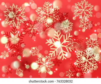 Christmas background with shining gold and red snowflakes. Winter vector Illustration.