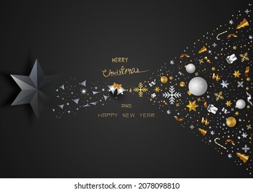 Christmas background with shining gold and silver stars, bell, candy cane, balls, gift box,
snowflakes, and ribbon on dark background. The concept for  Merry Christmas card, banner, poster, flyer. 