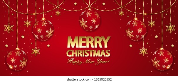Christmas background with shining gold snowflake, star and ball. Merry Christmas card illustration on red background.