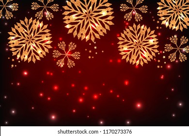 Christmas Background with Shining Gold Snowflakes gift box lights on bordo dark red marsala burgundy background