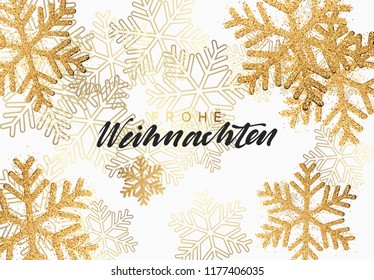 Christmas background with shining gold snowflakes. German text Frohe Weihnachten Merry Christmas. Xmas festive greeting card vector Illustration. Christmas background with shining gold snowflakes. German text Frohe Weihnachten Merry Christmas. Xmas festive greeting card vector Illustration.