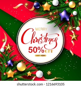 Christmas background with Shining gold Snowflakes. Lettering Merry Christmas card vector Illustration.