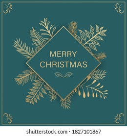 Christmas background with Shining gold Snowflakes. Lettering Merry Christmas card vector Illustration.