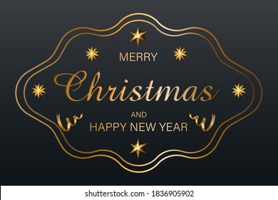 Christmas background with Shining gold Snowflakes. Lettering Merry Christmas card vector Illustration.