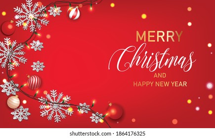 Christmas background with Shining gold Snowflakes. colorful balls and garlands on red background