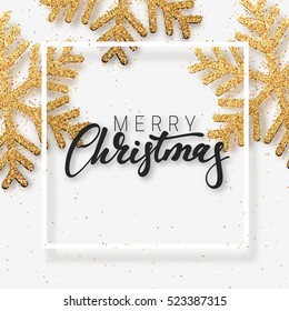 Christmas background with Shining gold Snowflakes. Lettering Merry Christmas card vector Illustration. 