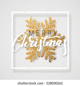 Christmas background with Shining gold Snowflakes. Lettering Merry Christmas card. Bright xmas framed vector Illustration.