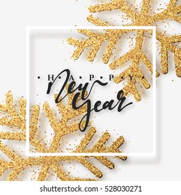 Christmas background with Shining gold Snowflakes. Lettering Happy New Year card vector Illustration