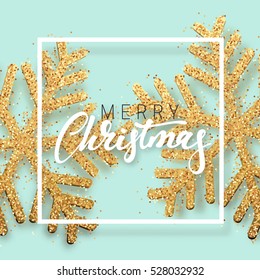 Christmas background with Shining gold Snowflakes. Lettering Merry Christmas card vector Illustration.