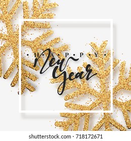 Christmas background with Shining gold Snowflakes. Lettering Happy New Year card vector Illustration.