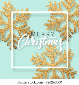 Christmas background with Shining gold Snowflakes. Lettering Merry Christmas card vector Illustration.