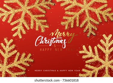 Christmas background with Shining gold Snowflakes. Lettering Merry Christmas card vector Illustration.