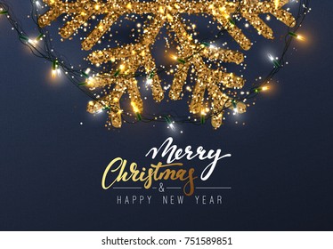 Christmas background with Shining gold Snowflakes. Lettering Merry Christmas card vector Illustration.