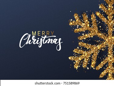 Christmas background with Shining gold Snowflakes. Lettering Merry Christmas card vector Illustration.