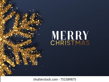 Christmas background with Shining gold Snowflakes. Lettering Merry Christmas card vector Illustration.