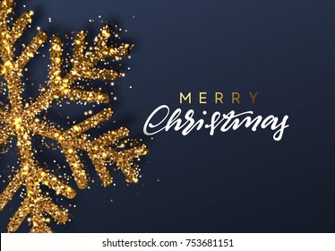 Christmas background with Shining gold Snowflakes. Lettering Merry Christmas card vector Illustration.