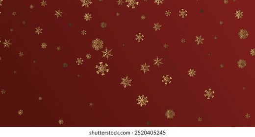 Christmas background with shining golden snowflakes and snow. Merry Christmas card illustration on red background. Sparkling shiny snowflakes with glitter texture,  Magic nature fantasy snowfall.