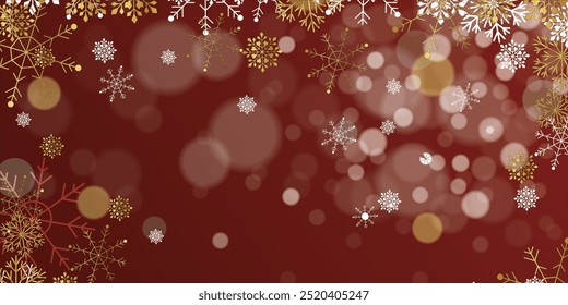 Fondo de Navidades con brillantes copos de nieve dorados y nieve. Ilustración de tarjeta de feliz Navidad sobre fondo rojo. Espumosos copos de nieve brillantes con textura de brillo, mágica naturaleza fantasía nevada.