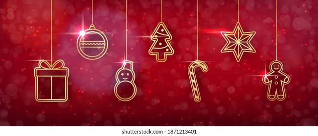 Christmas background with shining golden toys. Set of gold elements gift, ball, snigovik, tree, cookies, lollipop and star. Vector illustration