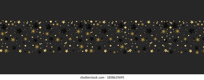 Christmas background with shining red snowflake, star and snow. Merry Christmas card illustration on black background. Sparkling gold snowflakes with glitter texture.