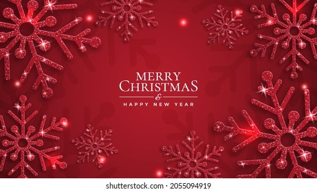 Weihnachtshintergrund mit leuchtenden roten Schneeflocken und Schnee. Fröhliche Weihnachtskartengrafik auf rotem Hintergrund. funkelnde rote Schneeflocken mit glänzender Textur