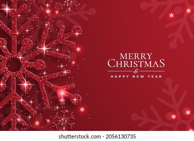 Christmas background with shining red snowflakes and snow. Merry Christmas card illustration on red background. Sparkling red snowflakes with glitter texture