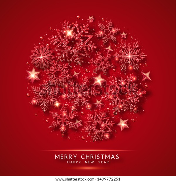 輝く赤い雪片と雪のあるクリスマス背景 円の形状 赤い背景にメリークリスマスベクター画像カードイラスト きらめく赤い雪片 のベクター画像素材 ロイヤリティ フリー