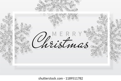 Christmas background with shining silver snowflakes and white frame. Merry Christmas and Happy New Year card. Vector Illustration.