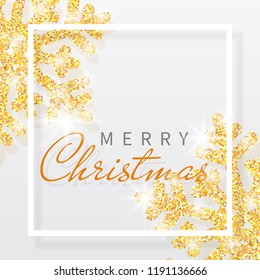 Christmas background with shining silver snowflakes and white frame. Merry Christmas and Happy New Year card. Vector Illustration.