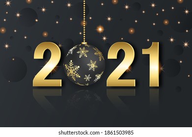 Christmas background with shining snowflake, ball and 2021 numerals. Merry Christmas card illustration on black background with realistic ball.