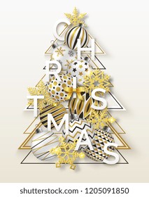 Christmas background with shining snowflakes, bow and colorful balls. New year and Christmas card illustration on light background
